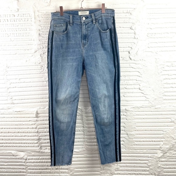 PACSUN Vintage Icon Jeans High Waist Raw Hem Black Velvet Racing Stripes Size 28 - Picture 2 of 16